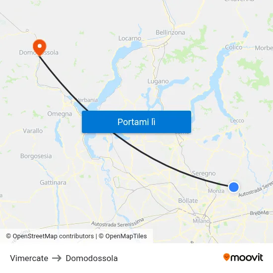 Vimercate to Domodossola map