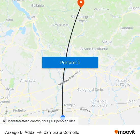 Arzago D' Adda to Camerata Cornello map