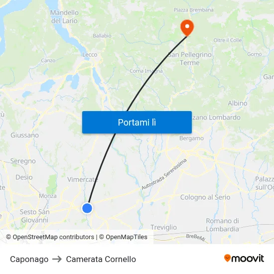 Caponago to Camerata Cornello map