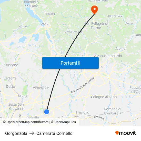 Gorgonzola to Camerata Cornello map
