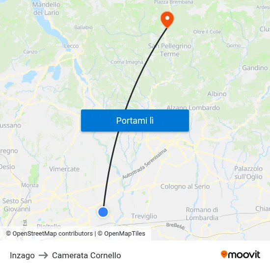 Inzago to Camerata Cornello map
