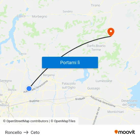 Roncello to Ceto map