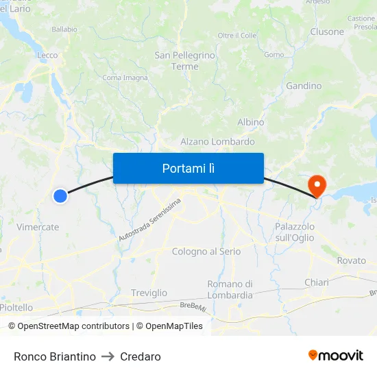 Ronco Briantino to Credaro map