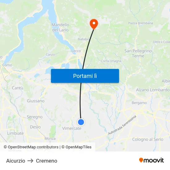 Aicurzio to Cremeno map
