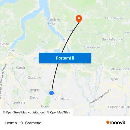 Lesmo to Cremeno map