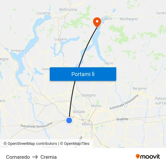 Cornaredo to Cremia map