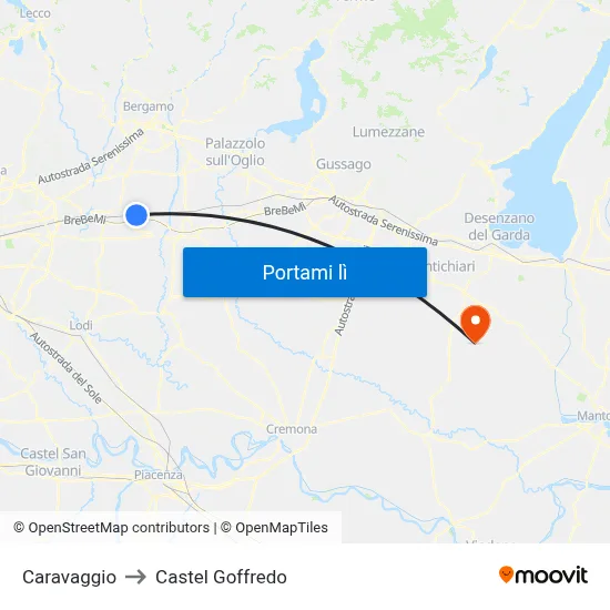 Caravaggio to Castel Goffredo map