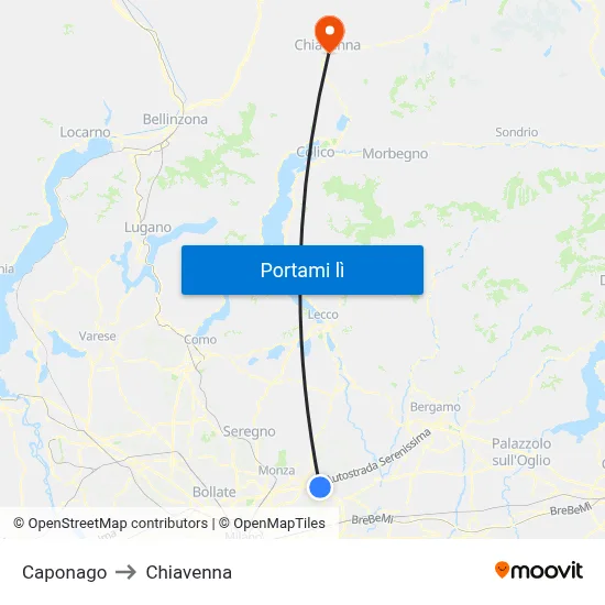 Caponago to Chiavenna map