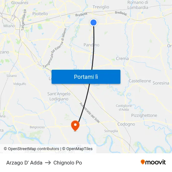 Arzago D' Adda to Chignolo Po map