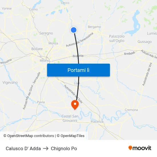 Calusco D' Adda to Chignolo Po map