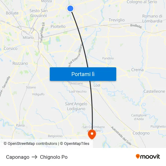 Caponago to Chignolo Po map