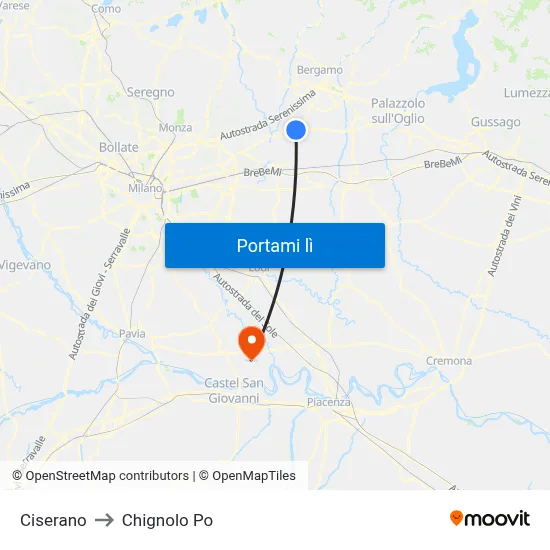 Ciserano to Chignolo Po map