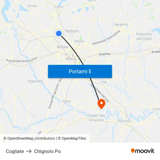 Cogliate to Chignolo Po map