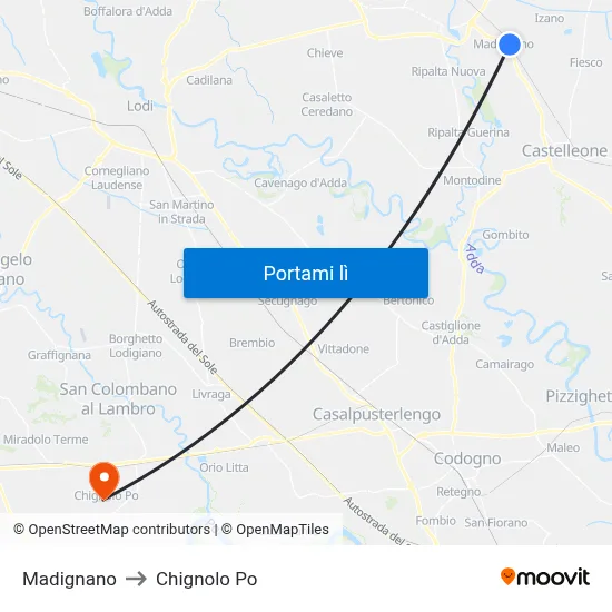 Madignano to Chignolo Po map