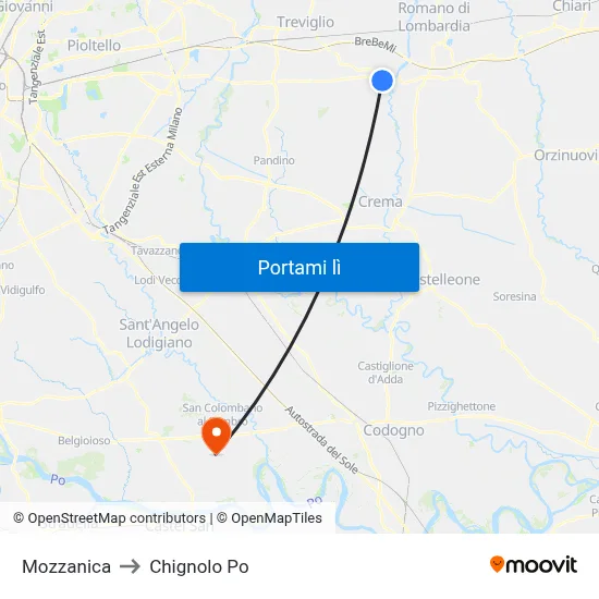 Mozzanica to Chignolo Po map