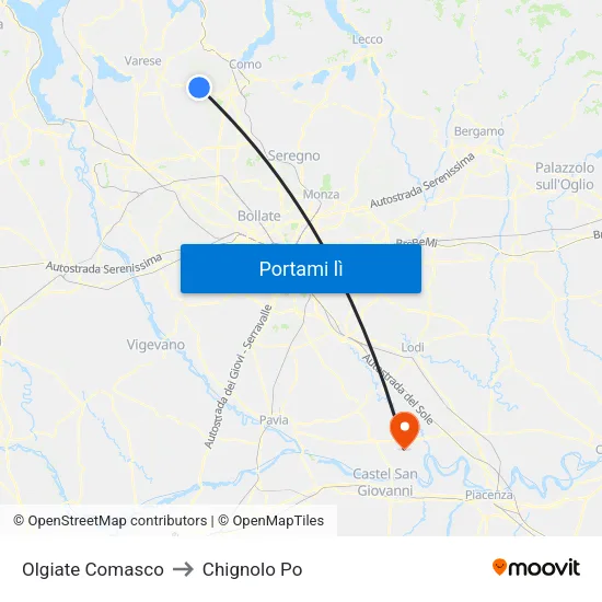Olgiate Comasco to Chignolo Po map