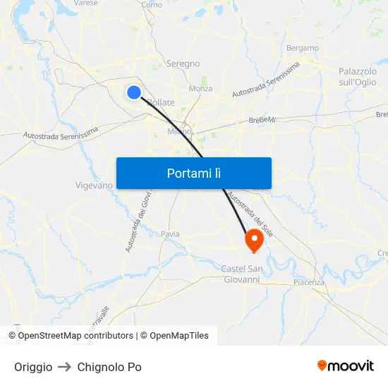 Origgio to Chignolo Po map