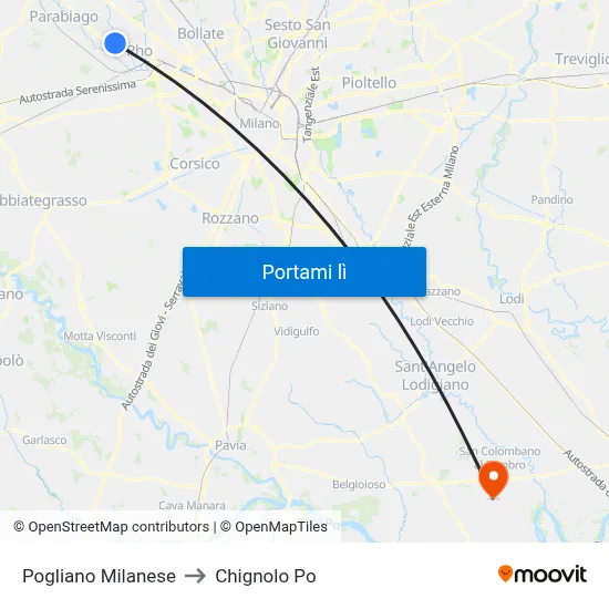 Pogliano Milanese to Chignolo Po map