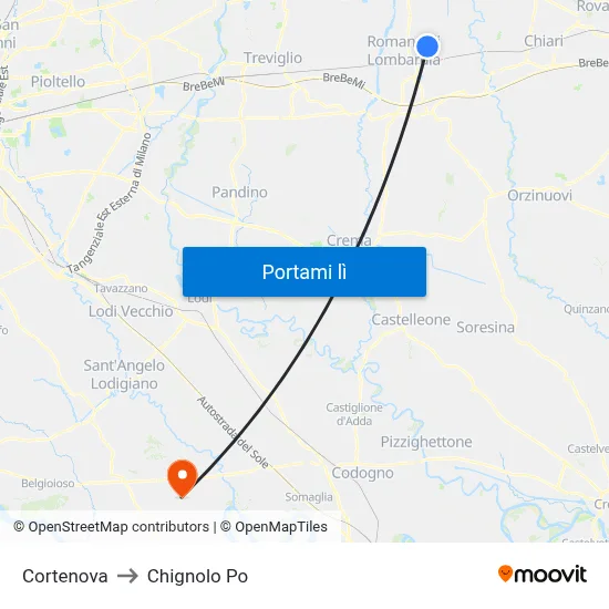 Cortenova to Chignolo Po map