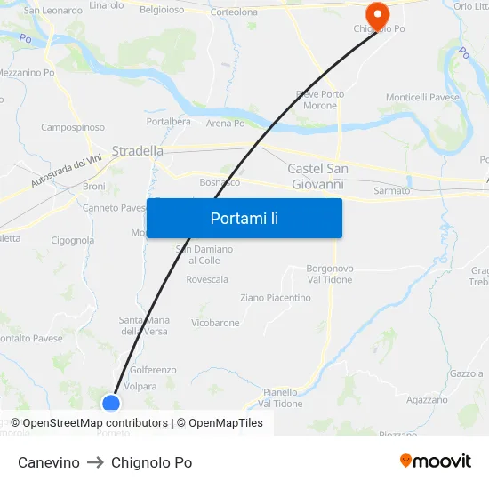 Canevino to Chignolo Po map