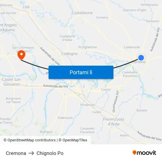 Cremona to Chignolo Po map