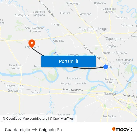 Guardamiglio to Chignolo Po map