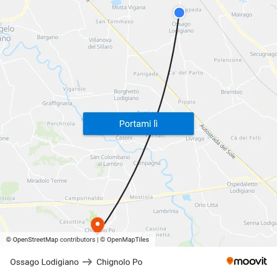 Ossago Lodigiano to Chignolo Po map