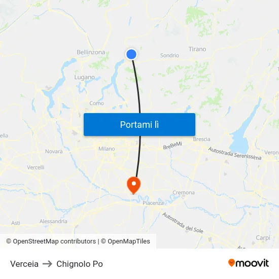 Verceia to Chignolo Po map