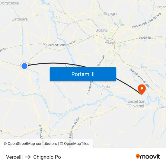 Vercelli to Chignolo Po map