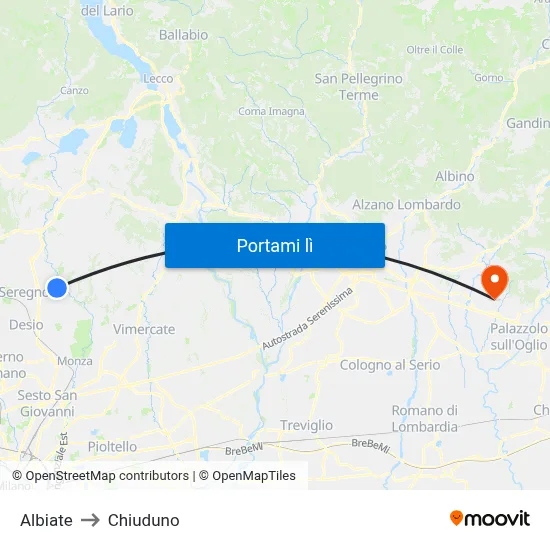 Albiate to Chiuduno map