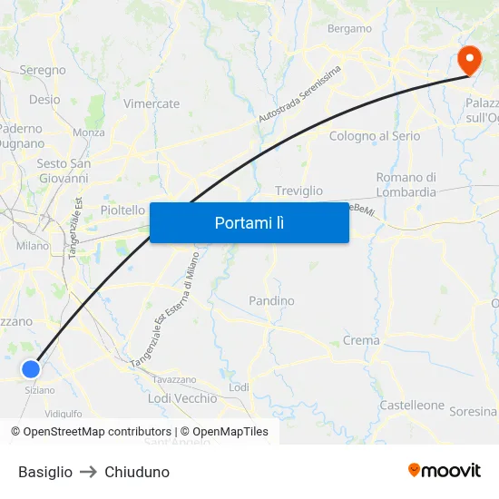 Basiglio to Chiuduno map