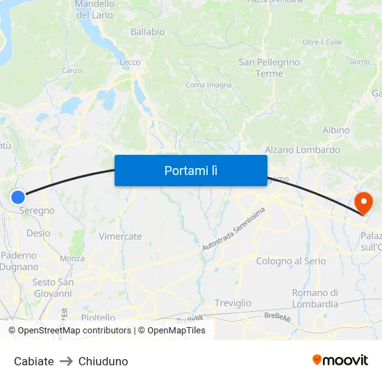 Cabiate to Chiuduno map