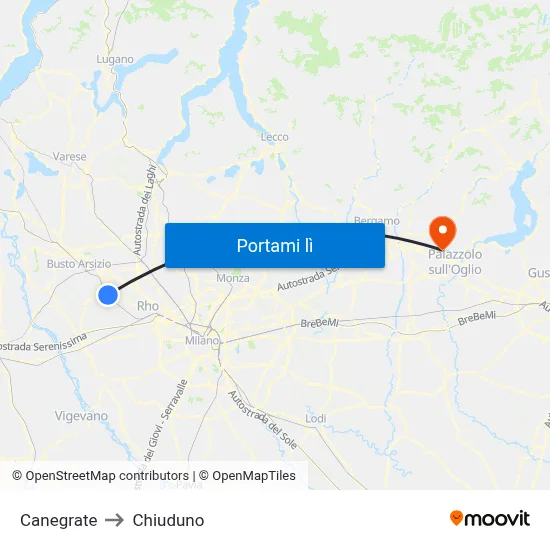 Canegrate to Chiuduno map