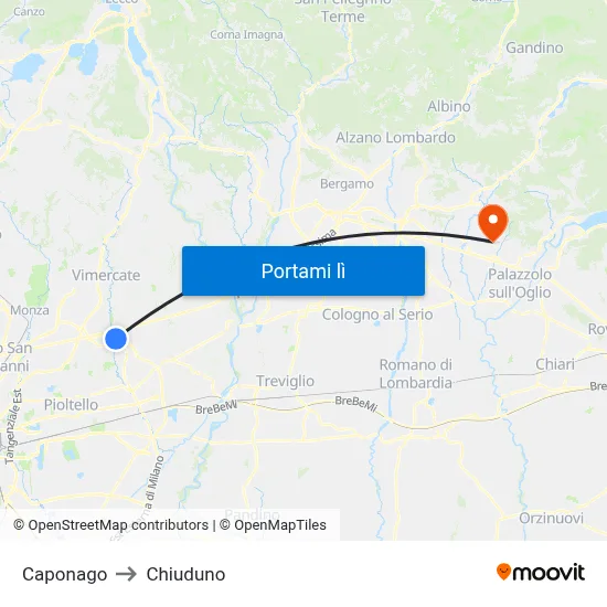 Caponago to Chiuduno map