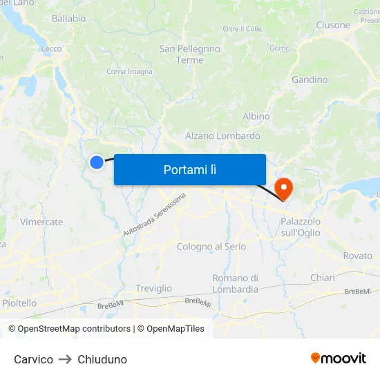 Carvico to Chiuduno map