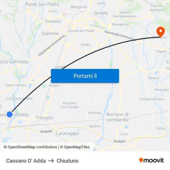 Cassano D' Adda to Chiuduno map