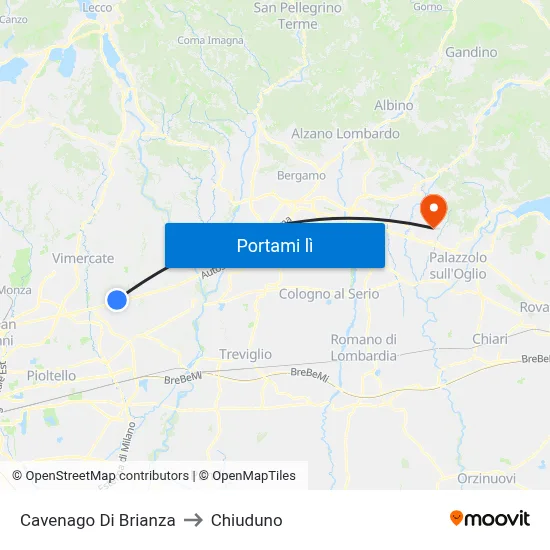 Cavenago Di Brianza to Chiuduno map