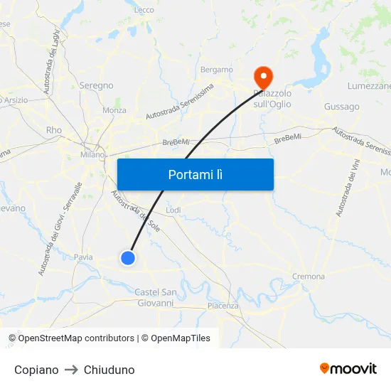 Copiano to Chiuduno map