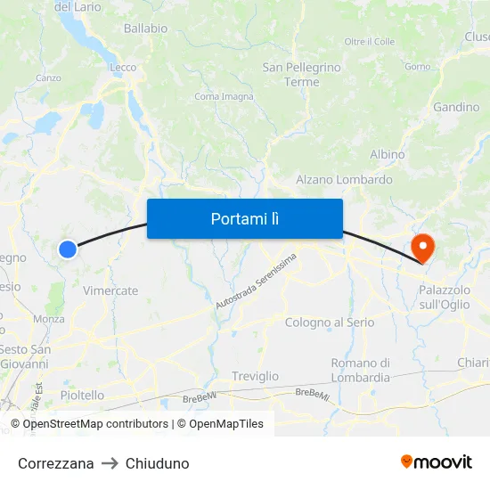 Correzzana to Chiuduno map