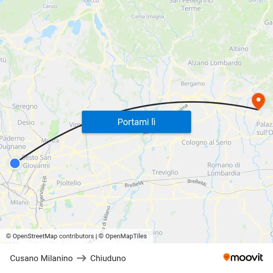 Cusano Milanino to Chiuduno map