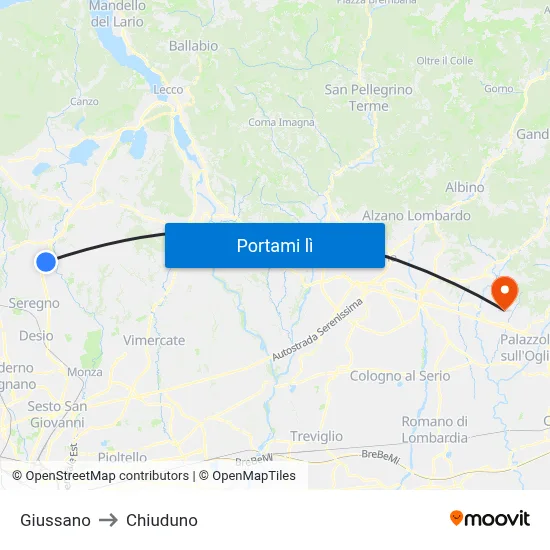 Giussano to Chiuduno map