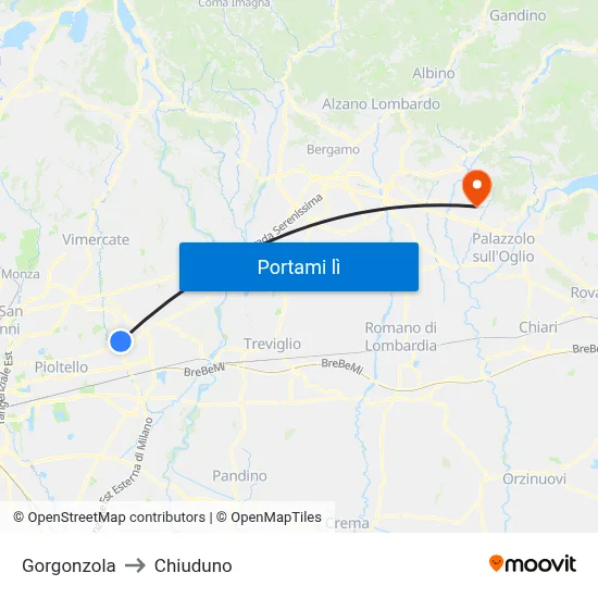 Gorgonzola to Chiuduno map