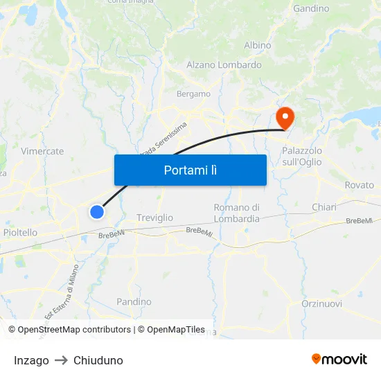Inzago to Chiuduno map