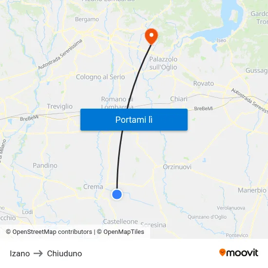 Izano to Chiuduno map