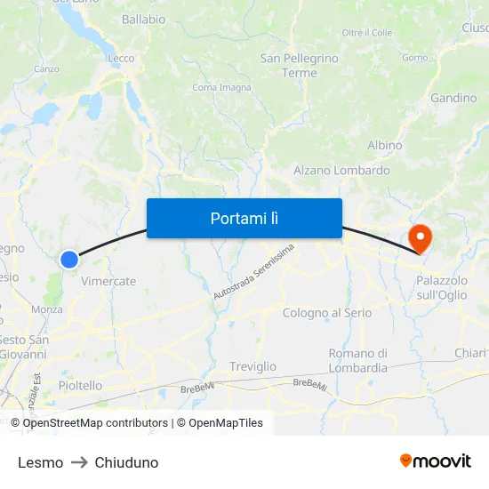 Lesmo to Chiuduno map