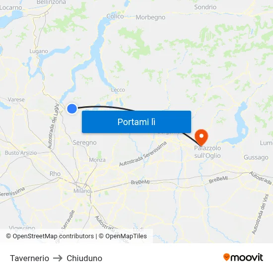Tavernerio to Chiuduno map