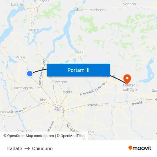 Tradate to Chiuduno map