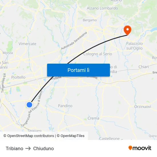 Tribiano to Chiuduno map