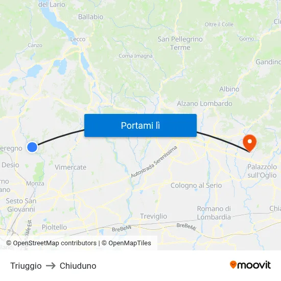 Triuggio to Chiuduno map