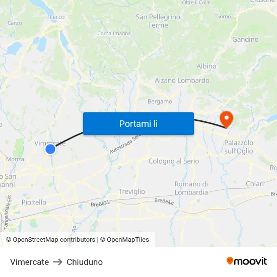 Vimercate to Chiuduno map